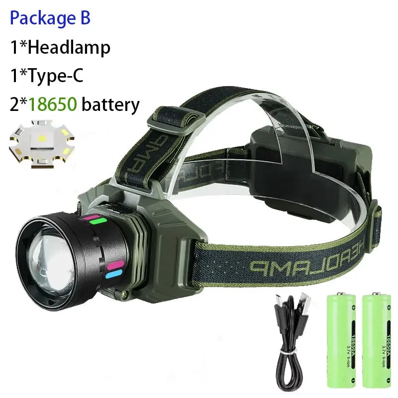 19000000LUX NEW Headlamp High Power Rechargeable Headlight Flashlight Long range 900W LED Headlamps Camping Fishing Head Lantern
