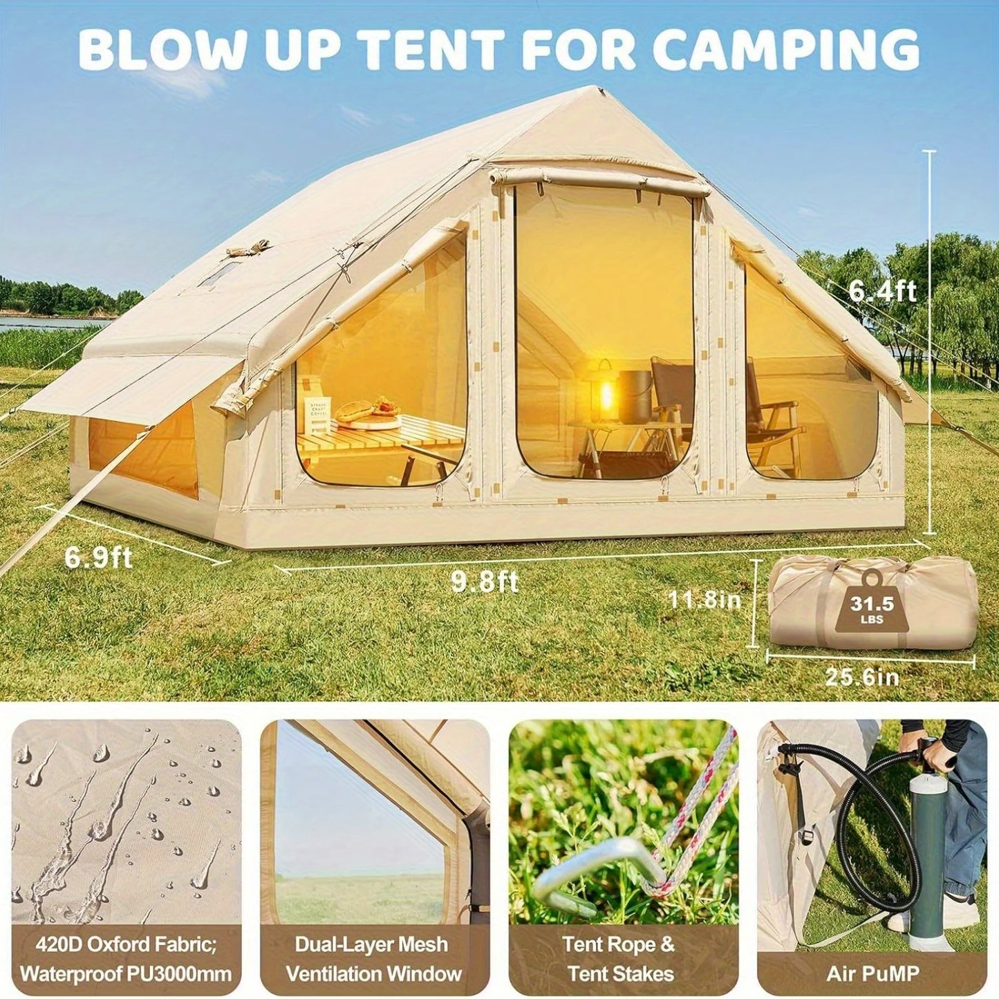 Inflatable Family Tent With Hand Pump Skylight And Double Door