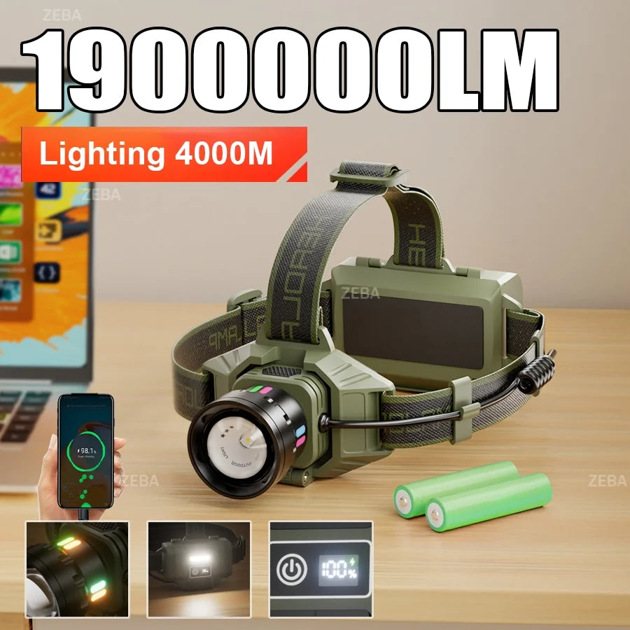 19000000LUX NEW Headlamp High Power Rechargeable Headlight Flashlight Long range 900W LED Headlamps Camping Fishing Head Lantern