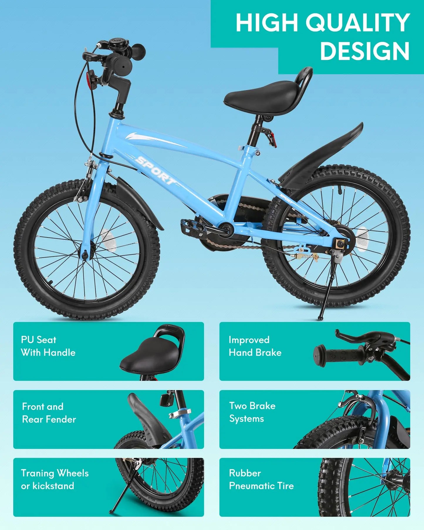 Kids Bike With Training Wheels Kickstand Dual Handbrake Adjustable Saddle