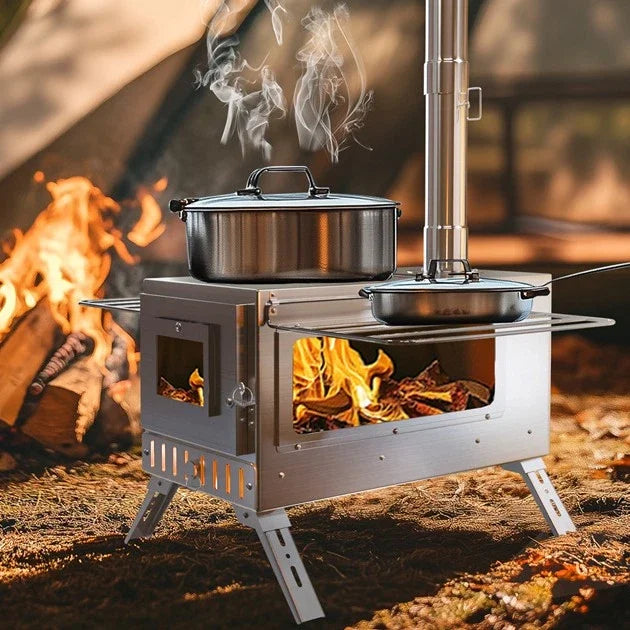 Portable Wood Burning Stove With Chimney Pipes For Outdoor Heating