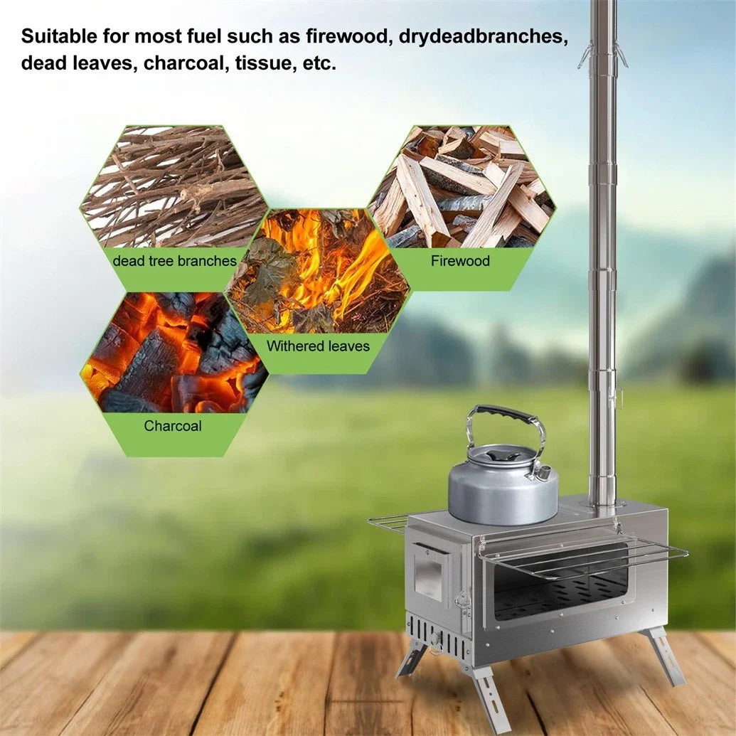 Portable Wood Burning Stove With Chimney Pipes For Outdoor Heating