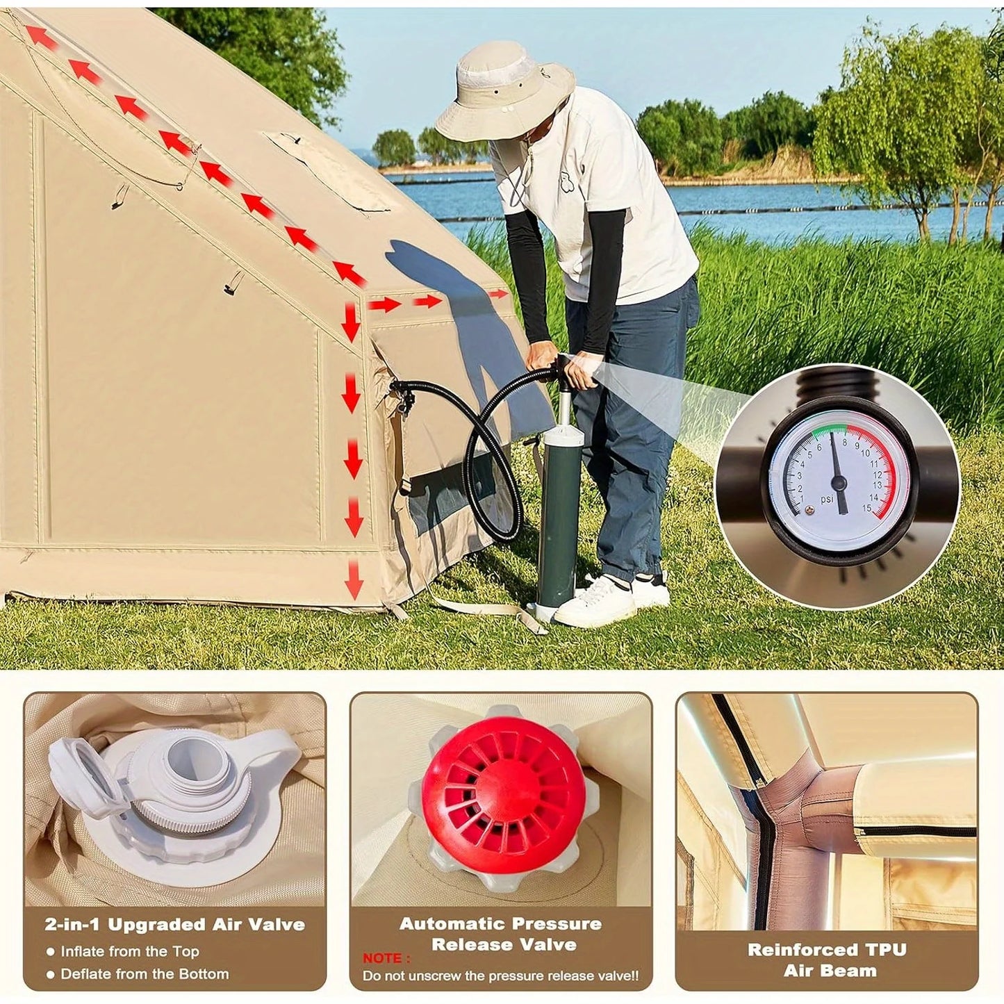 Inflatable Family Tent With Hand Pump Skylight And Double Door