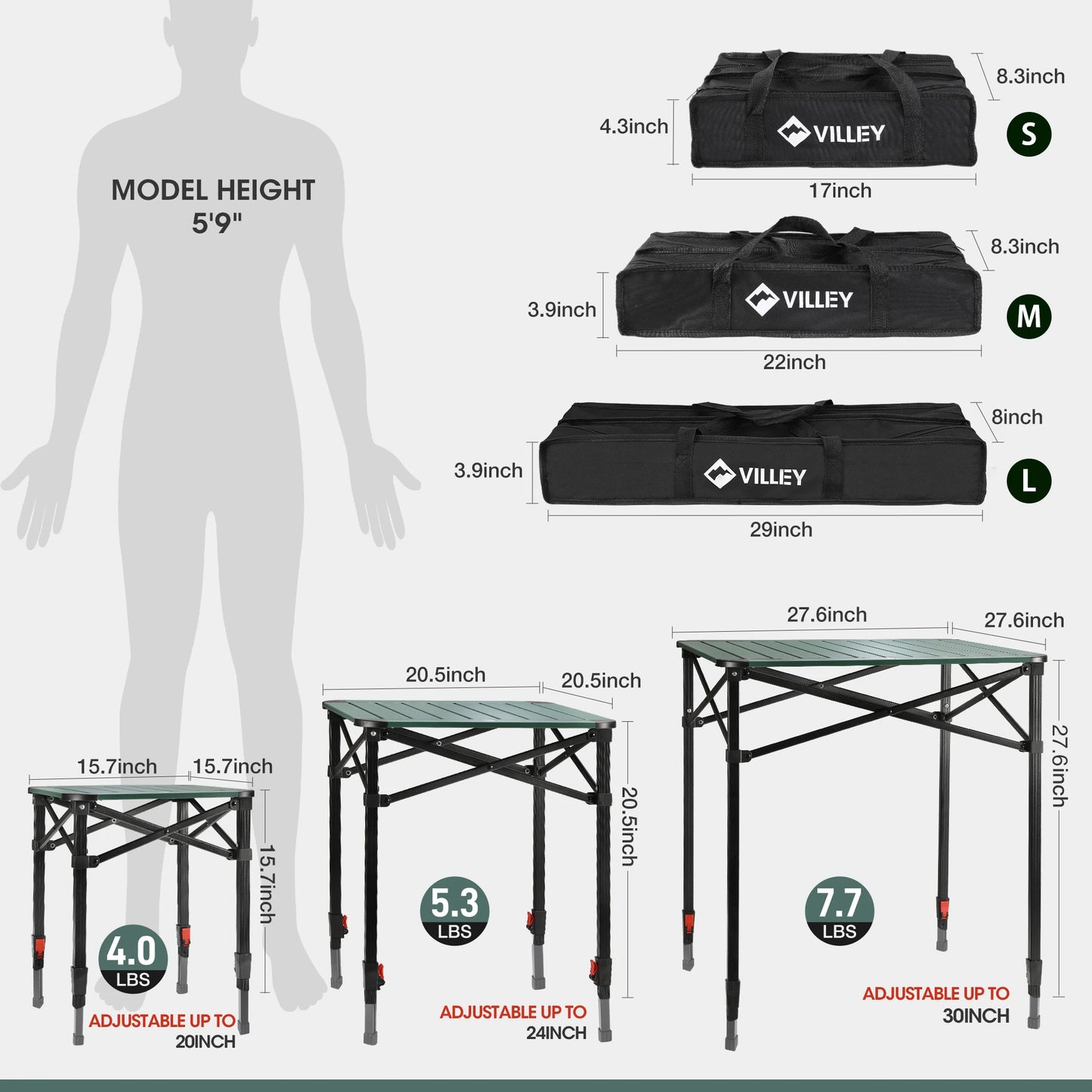VILLEY Folding Camping Table With Carry Bag Lightweight Aluminum