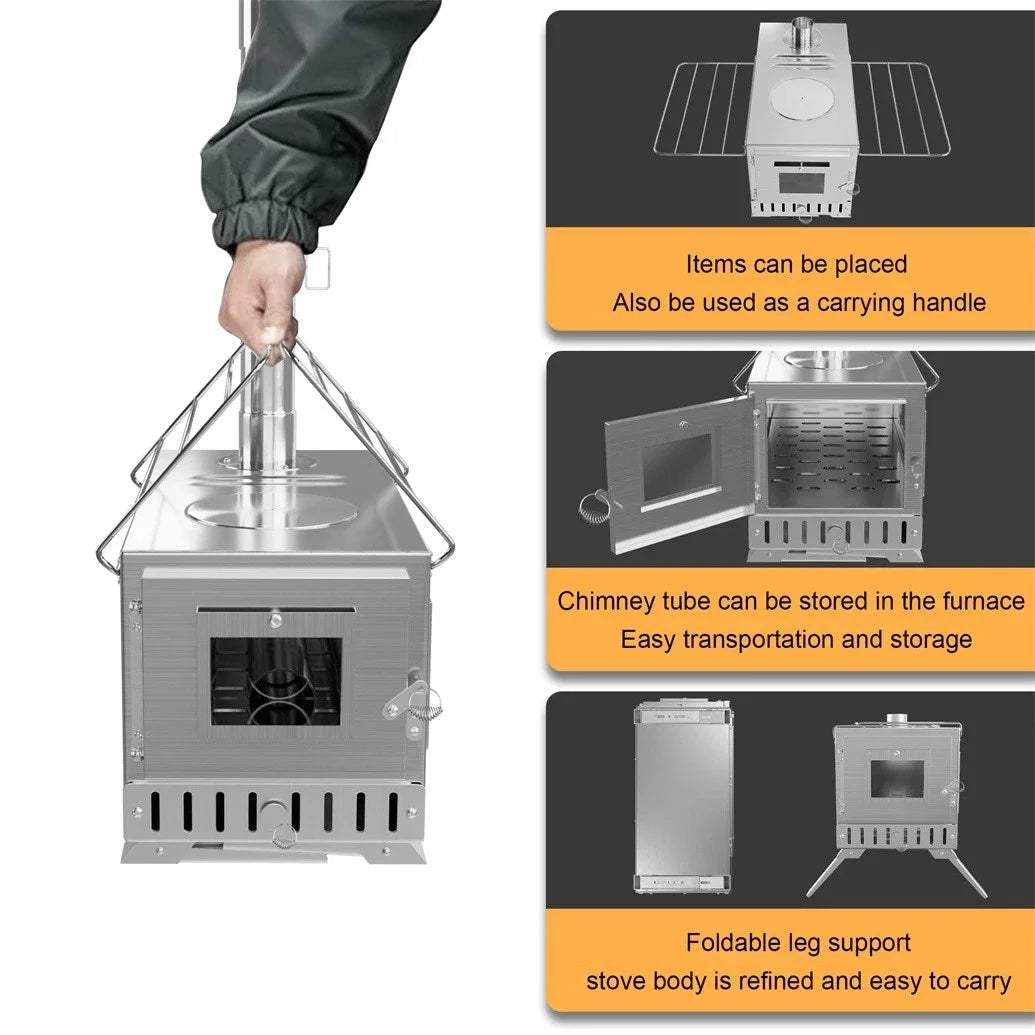 Portable Wood Burning Stove With Chimney Pipes For Outdoor Heating
