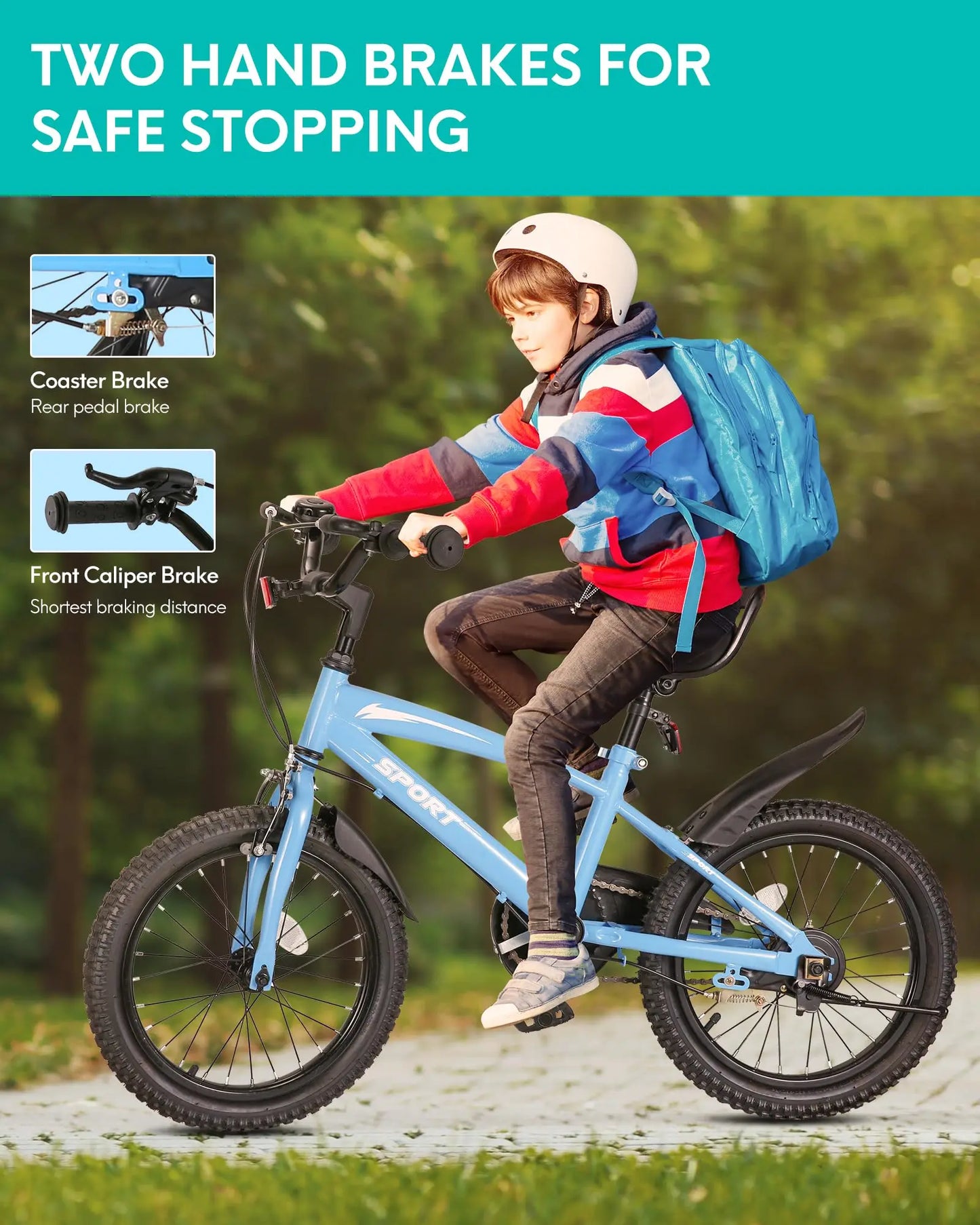 Kids Bike With Training Wheels Kickstand Dual Handbrake Adjustable Saddle