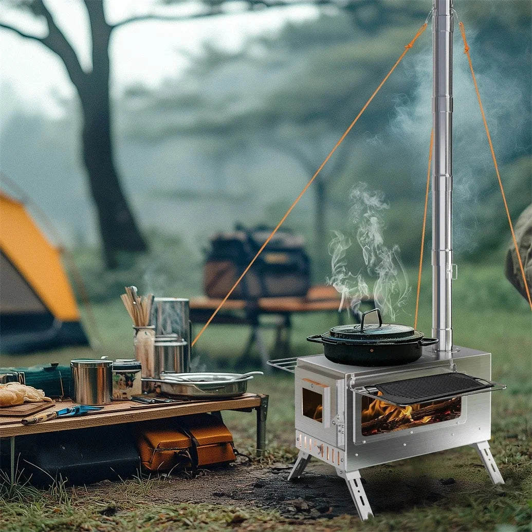 Portable Wood Burning Stove With Chimney Pipes For Outdoor Heating