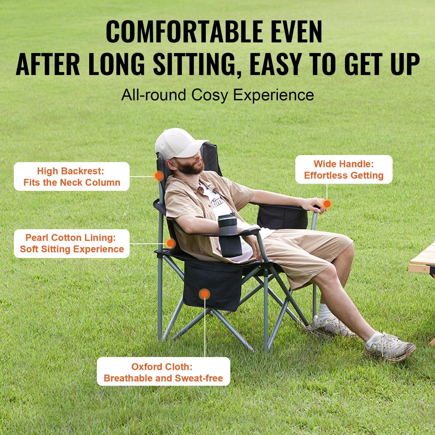 VEVOR Outdoor Camping Folding Chair With Lumbar Support And Side Pockets